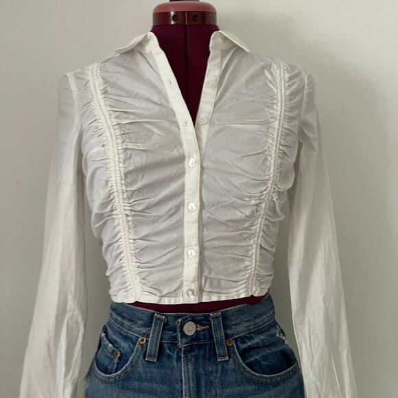 Urban Outfitters Tops - Urban Outfitters Cropped Ruched Long Sleeve Button Up Top Blouse Size S